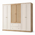 Armadio a Sei Ante con Cassetti in MDF e Rattan Bianco
