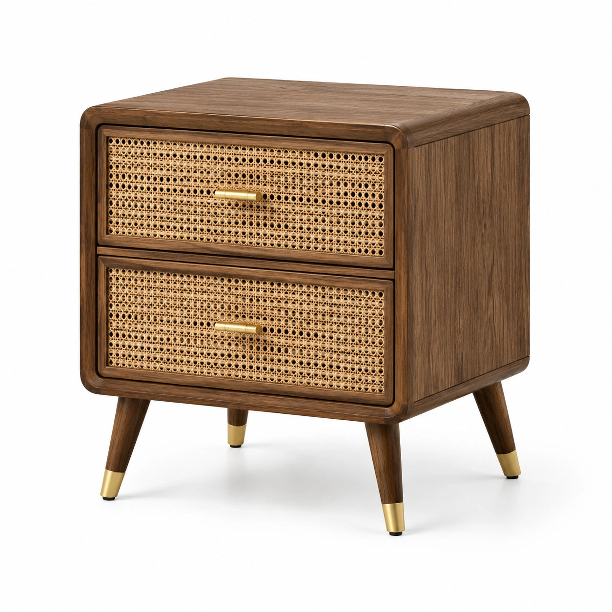 Comodino in legno di noce e rattan con 2 cassetti 40x35x55 cm