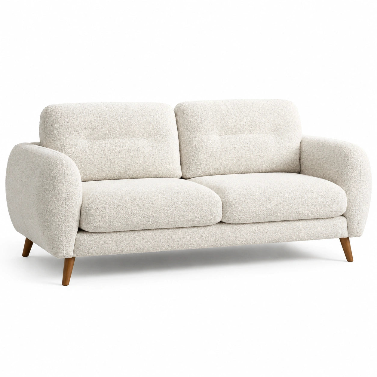 Divano a 2 posti in tessuto bouclé beige con gambe in legno di quercia