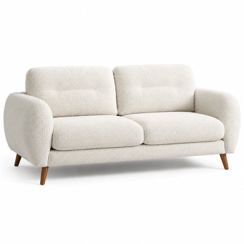 Divano a 2 posti in tessuto bouclé beige con gambe in legno di quercia