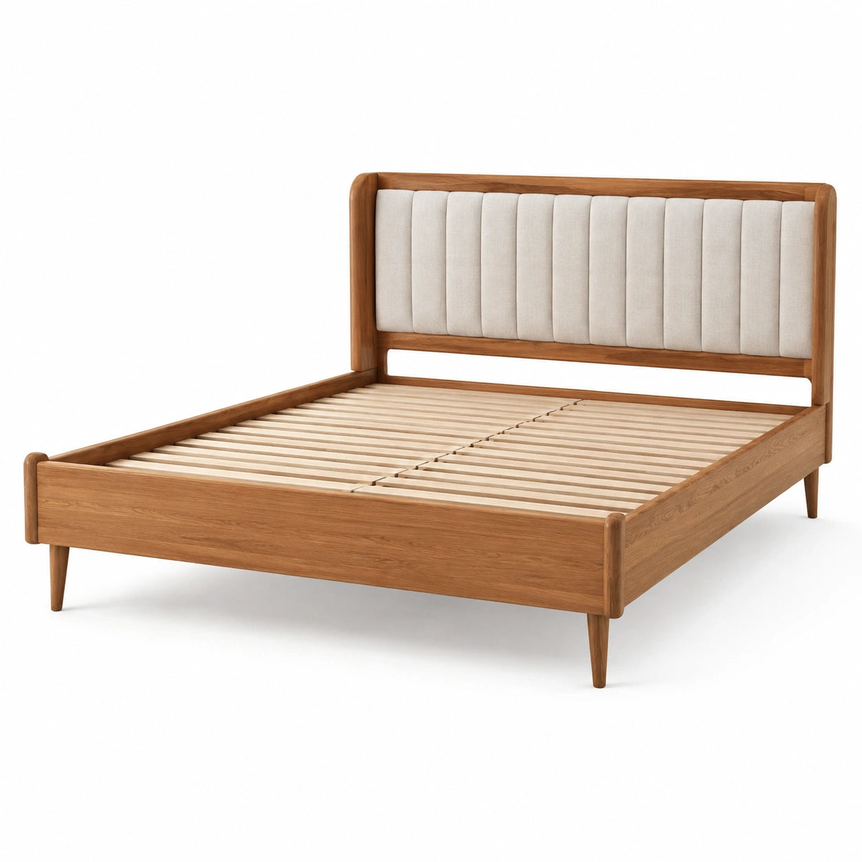 Letto matrimoniale in legno di rovere con testiera imbottita crema