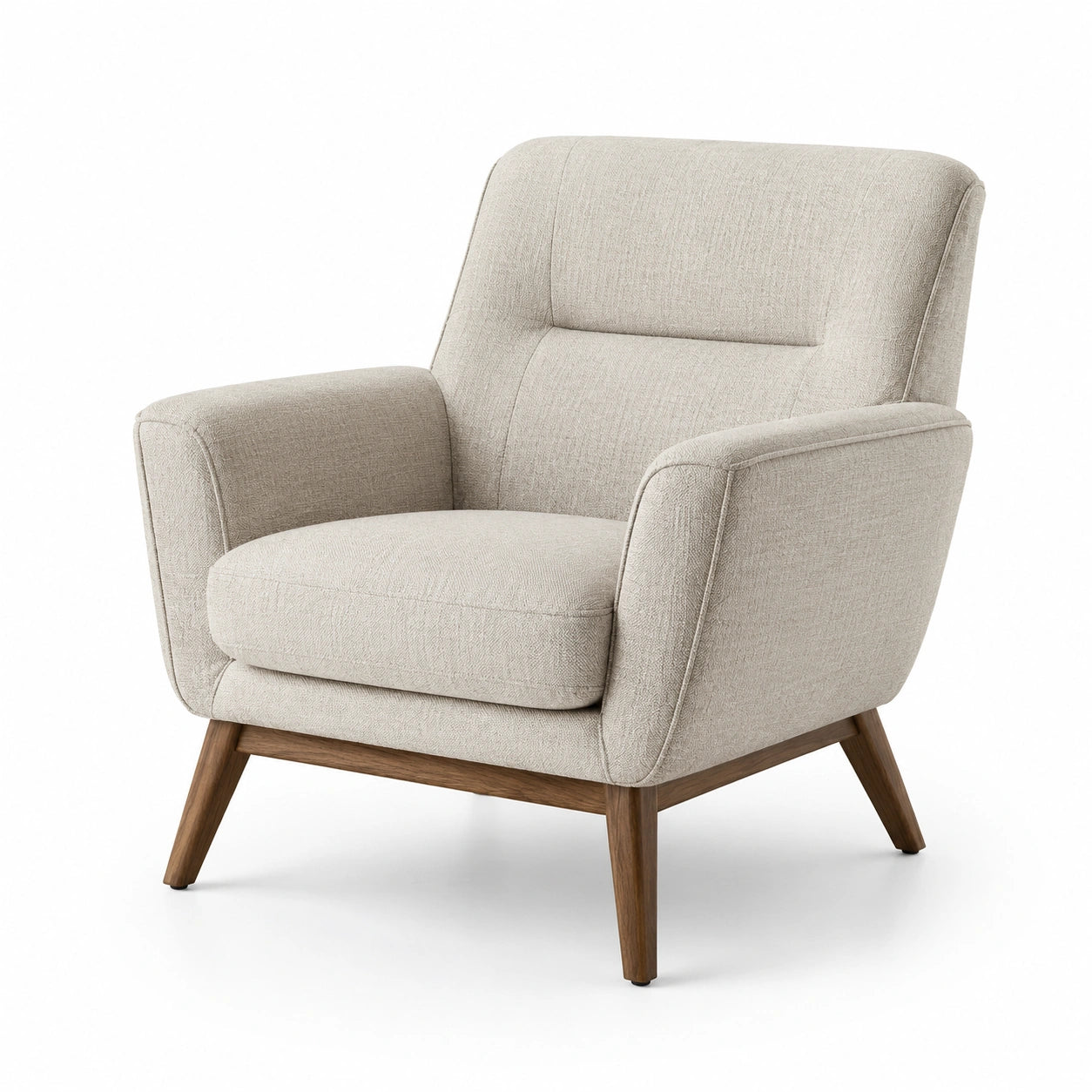 Poltrona in tessuto beige con struttura in legno