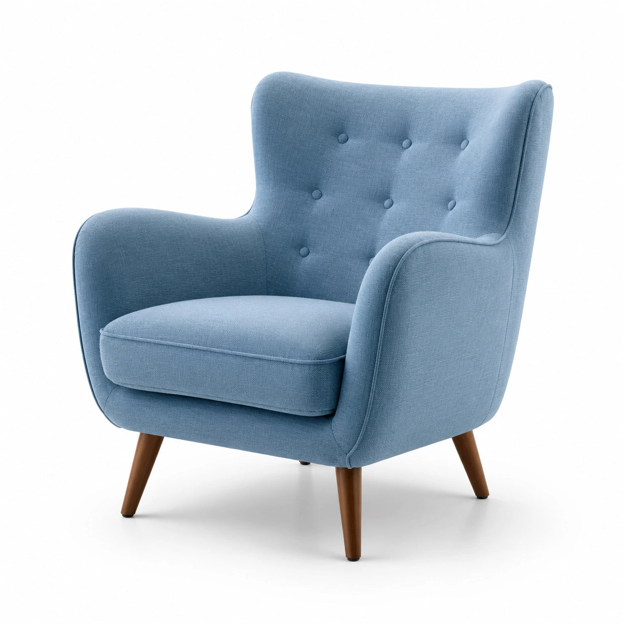 Poltrona in tessuto blu con gambe in legno