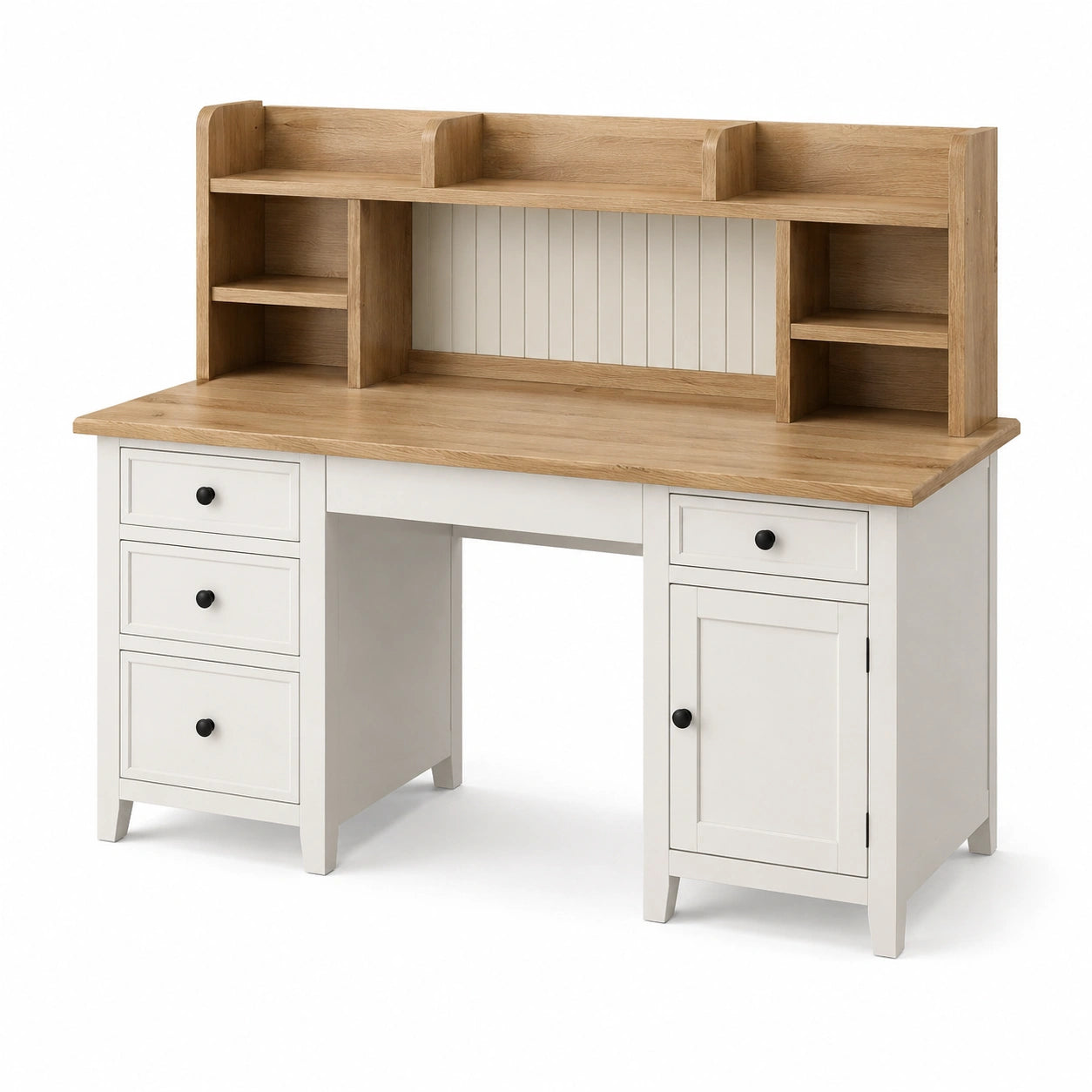 Scrivania in legno e MDF con scaffali bianco e rovere