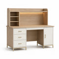 Scrivania in legno con cassetti bianchi e scaffali