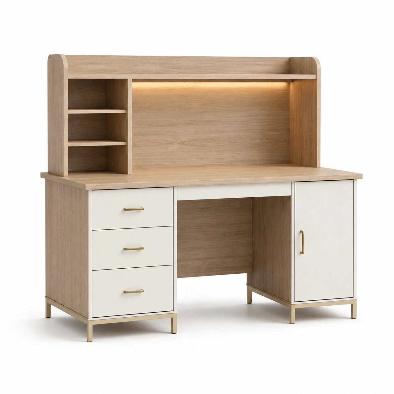 Scrivania in legno con cassetti bianchi e scaffali