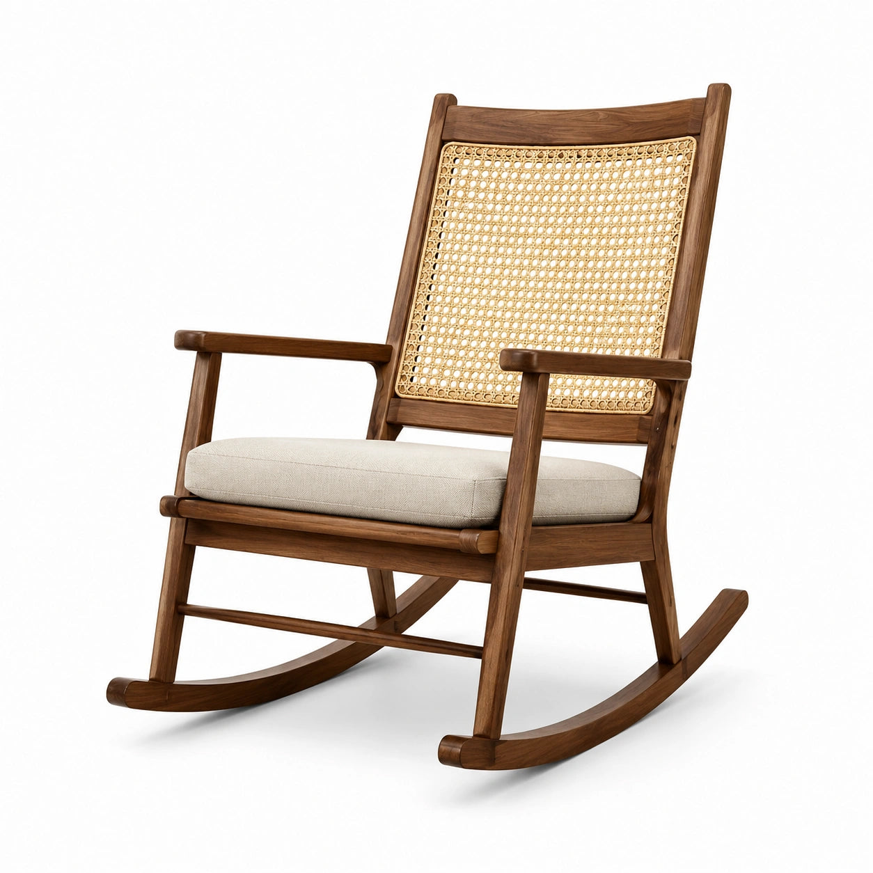 Sedia a dondolo in legno di noce con rattan e cuscino in lino