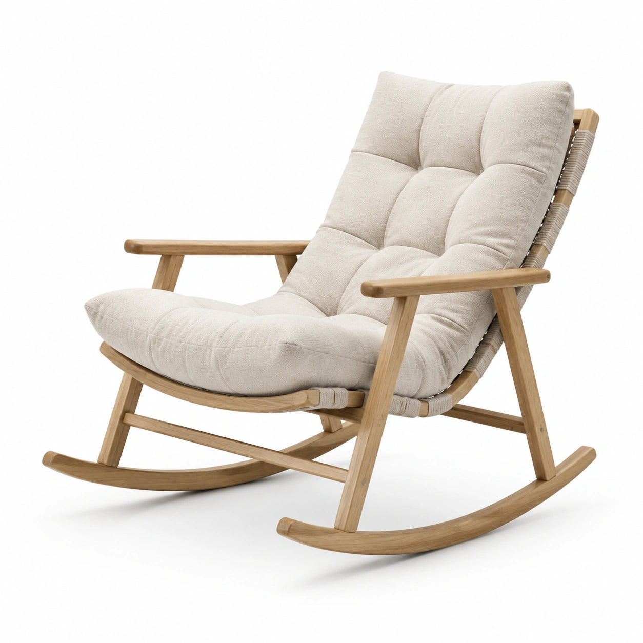 Sedia a dondolo in legno con cuscino in tessuto beige