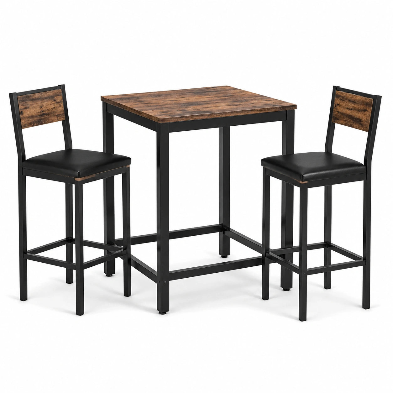 Set da Bar con Tavolo Quadrato in Legno e 2 Sgabelli in Acciaio e Similpelle Nera